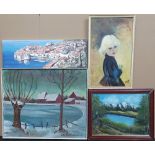 4 various oils, 3 landscapes and 1 portrait of a blonde haired girl