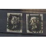 2 used penny blacks, Pl 6 & 8, 3 and 4 margin examples