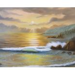 Manner of Roger DE LA CORBIERE (1893-1974), large coastal scene at sunset, oil on board, unsigned,