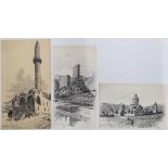 3 rare Alfred Bowyer Clayton (1795-1855) 1830s pen & ink "Georgia & Armenia scenes", each drawing