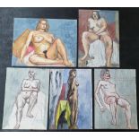 5 large François Xavier JOSSE (France 1910-1991) female figure study watercolours, all unframed (5),