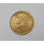 1897, 20F Swiss gold coin, V F condition, weight is 6.451 grams, 22ct gold 21 mm in diameter