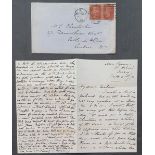 QV pair of 1d reds on 1870 rare, clear JERSEY cancellation, with original letter