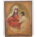 Early/Mid hand painted oil on wood panel icon, Madonna and child, 35 x 27 cm