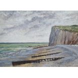 Indistinctly signed oil on board, "Deserted British beach scene, framed, The painting measures 39