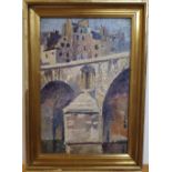 Unsigned, mid 20thC French impasto oil on board, "Paris view looking up from the river", framed, The