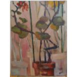 K Mack abstract oil "Potted plant", signed, unframed, 40 x 30 cm