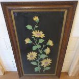 Large, early 20thC fabric "sunflower" in pleasing original oak frame, 100 x 50 cm