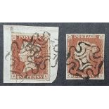 2 RARE - QV Penny Blacks (B-A & C-I), plate 9, both printed in RED instead of BLACK