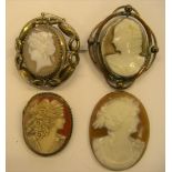 3 large Victorian Cameo brooches & 1 large unframed antique Cameo