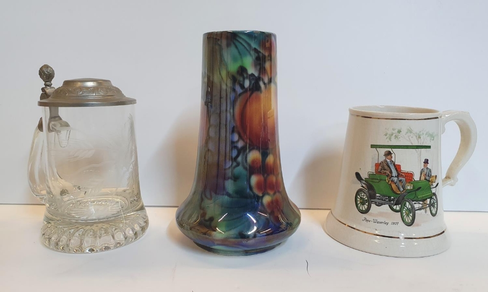 Burleyware lustre vase together with etched glass tankard & another tankard (3)