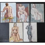 5 large François Xavier JOSSE (France 1910-1991) female figure study watercolours, all unframed (5),