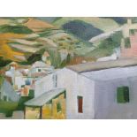 H Loades-Carter impressionist oil on canvas, "European hill-top village", gilt frame with label