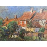 Unsigned, mid 20thC European oil on board, "View of old houses from the fields", framed, old