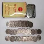 Tin of old style QE II 50p (12) & 5p (24) - (36)