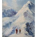 Indistinctly signed French 1960s oil on board, "Climbers beginning their mountain assent", thin wood