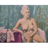 Unsigned, oil on board, portrait of a young seated nude lady, framed, The portrait measures 34 x