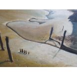 J J MacFarlane surrealist oil on board, "Estuary at low tide", signed, framed, The painting measures
