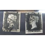 2 used penny blacks, Pl 6 & 16, 3 and 4 margin examples