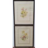 Indistinctly finely painted floral watercolours, in matching thing frames, Both w/c's 24 x 19 cm