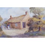 H Heald 1915 watercolour "Lady before country cottage", signed, gilt mount and frame, 29 x 40 cm