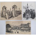 3 rare Alfred Bowyer Clayton (1795-1855) 1830s pen & ink "Balkan scenes", each drawing inscribed