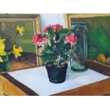 K Gorman 1992 oil on artists board, "Potted plant on table", signed and inscribed verso, framed, The