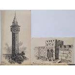 2 Alfred Bowyer Clayton (1795-1855) 1830s pen & ink "The wailing wall, Jerusalem & minaret,