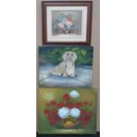 3 oil on canvas paintings by differing artists, to include 2 still-lives and 1 of a dog