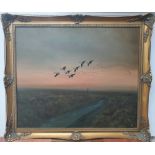P Cromack 1992 oil on canvas, "Ducks in flight above river landscape", signed and dated, ornate