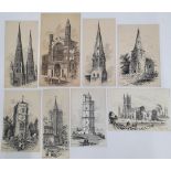 8 Alfred Bowyer Clayton (1795-1855) 1830s pen & ink "Church spires of England", each drawing