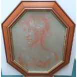 Peter COLLINS (1923-2001) conte crayon portrait of topless female in pleasing octagon wood frame,