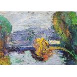 Small, mid 20thC French post impressionist impasto oil on board, "lake scene" in wide molded