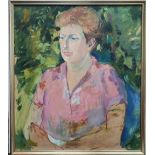 Large 1970s oil on board portrait of a lady in pink in thin frame, The portrait measures 60 x 53 cm