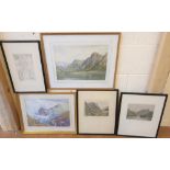 2 early 20thC watercolours, a drawing of a child ascribed to Hornel & 2 Rowbotham aquatints, all