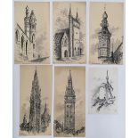 6 Alfred Bowyer Clayton (1795-1855) 1830s pen & ink "Historic buildings & spires of Belgium", each