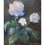 L Parzer French post-impressionist oil on board, "White roses", thin wood frame, 37 x 32 cm