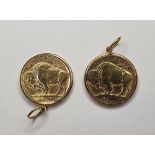 2 5c US Indian head/Buffalo coins, both set in UK stamped 9ct gold surrounds & hangers (2)