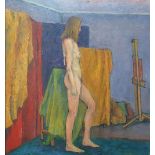 L M R Favell palette knife oil on board, "Standing male nude in studio", signed verso, plain wood