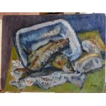 Superb E Morgan 1960s modernist still-life oil on panel, "Fish & chips!", signed, unframed, 36 x