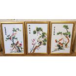 3 matched frame 20thC Chinese embroidery pictures, all signed, Each picture measures 41 x 27 cm