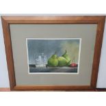 Tom Eccles watercolour, still-life, crystal glass, pears & cherries, signed and framed, The w/c