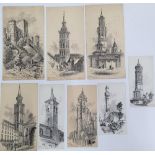9 Alfred Bowyer Clayton (1795-1855) 1830s pen & ink "Spanish towers", each drawing inscribed with