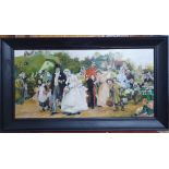 Unsigned 20thC oil on board, "The village wedding" after the Victorian original, framed, 38 x 78 cm