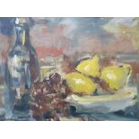 Unsigned, mid 20thC French post-impressionist oil on board, "Still-life with bottle and fruit", wood