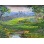 Elsie March (1884-1974) oil on paper, "Country landscape", unsigned but studio stamped verso, gilt