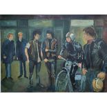 Large unsigned 1950s oil "Mods and rockers", unframed, 56 x 76 cm