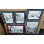 5 good quality framed pen & ink landscapes, mainly Yorkshire views, Hebden Bridge, Kettlewell etc