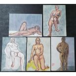 5 large François Xavier JOSSE (France 1910-1991) female figure study watercolours, all unframed (5),