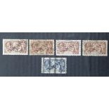 KG V 1934 seahorses, 1 x 10s blue, 4 x 2s / 6 d brown, all used, (5)